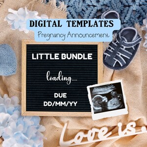Plantilla de anuncio de embarazo digital para redes sociales Tablero de letras personalizado Decoración de baby shower Anuncio de género masculino para niño Descarga instantánea
