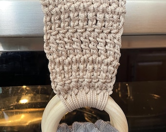 Handmade Crochet Kitchen Towel Holder: Light Khaki Double Ring