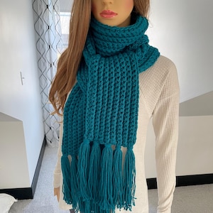 Chunky Knit Scarf - Handmade Teal Green Blue Scarf - Crochet Scarf