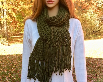 Knit Scarf - Crochet Scarf in Forest Green - Pine Green Scarf - Olive Green Scarf