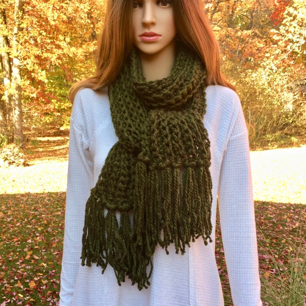 Knit Scarf - Crochet Scarf in Forest Green - Pine Green Scarf - Olive Green Scarf