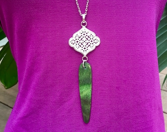 Necklace - Long, Handmade Green Pendant Dymondwood on Stainless Steel chain -FREE SHIPPING in USA