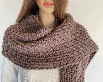 Hand Crocheted Pecan Brown Blanket Scarf: Oversized Acrylic Fashion Scarf