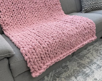 Pink Chenille Chunky Knit Blanket: Handmade Throw
