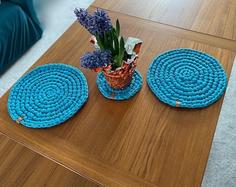 Crochet Placemats, Set of 2, and Trivet - Turquoise Placemats