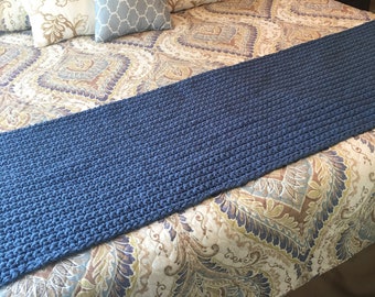 Bed Runner - Blue Bed Scarf - Fits the end of a King or Queen Size Bed - Chunky Knit Bedding