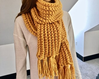 Chunky Knit Scarf - Handmade Mustard Scarf - Crochet Scarf WITH or WITHOUT Tassels