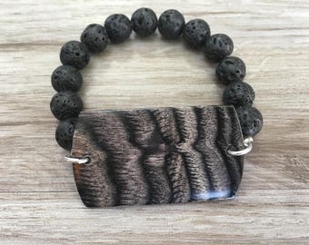 Black Lava Stone Bracelet: Handmade Dymondwood Pendant, Stretch Style
