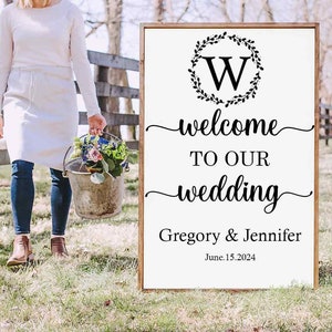 Welcome to our Wedding Sign Decal Custom Bride Groom Names Wedding Date Vinyl Decal Personalized Acrylic Sign Decal, Wedding Mirror Decal image 1