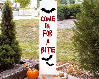 Come In For A Bite Halloween Vinyl Decal, Decals for Porch Sign, Bloody Halloween Letters with Bats, Front porch Deck Decor, Halloween Decal