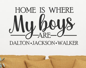 Personalized Home is where my boys are vinyl wall decal sign, Christmas Gift Custom Kids Name Decal, Mother Son Gift for Mom, Mom of Boys