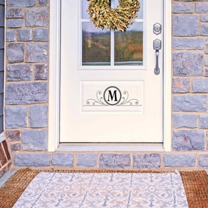 May include: A white front door with a wreath and a monogrammed doormat. The door has a glass panel with four panes and a silver door handle. The door is surrounded by a stone wall and a wooden porch.