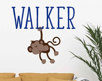 Kids Whimsical Custom Jungle Monkey Monogram Vinyl Wall Decal with Personalized Baby Name for Nursery, playroom or activity areas