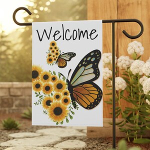 Sunflower Welcome Garden Flag Butterfly, Floral double sided lawn decor, Flower Garden Yard art, Mothers day gift, Summer and fall flag