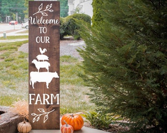 Welcome to our Farm Vinyl Decal for Sign, Vertical Farmhouse Wall Decal, Stacked farm animals decor, Welcome Decal front porch deck decor