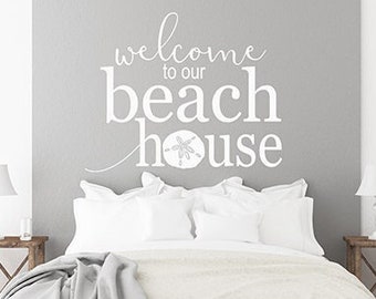 Welcome to our Beach House vinyl decal with sand dollar, Front Door Welcome decal, Coastal Decor, Sea Shell vinyl decal, Vacation Rental