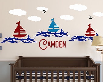 Nautical Nursery Wall Decal, Boat Cloud Waves Decal Set with custom monogram name, Toy box chest name decal Boys Playroom boat stickers