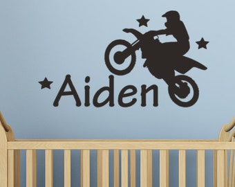 Motorcyle Wall decal, Kids Motorcycle wall decor, Kids Bedroom Door Decals, moto cross kids decorations for room, Custom Kids name Decal