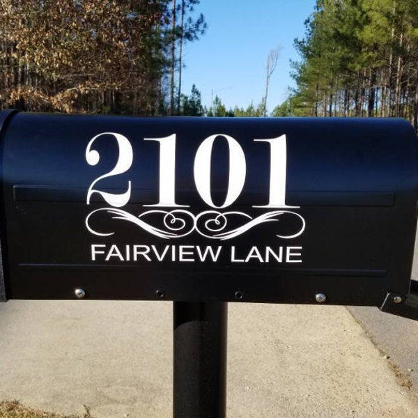 Mailbox Number Decal  With Street Name Under Scroll  - Both sides Custom Mailbox Sticker , Address Sticker, Street name decal, Home Address