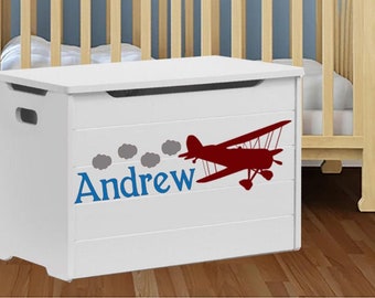 Wall Decal for Kids Airplane Name monogram Personalized Toy Box chest vinyl decals, Playroom Vinyl decal for children, Boys Bedroom toybox