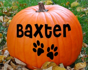 Pet name Vinyl Decal, Custom Name Decal, Pet Decal, personalized Pumpkin Decal, Halloween outdoor decorations, paw print decal, dog decal