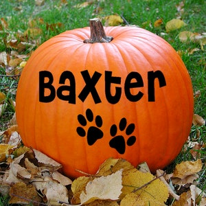 Pet name Vinyl Decal, Custom Name Decal, Pet Decal, personalized Pumpkin Decal, Halloween outdoor decorations, paw print decal, dog decal image 1