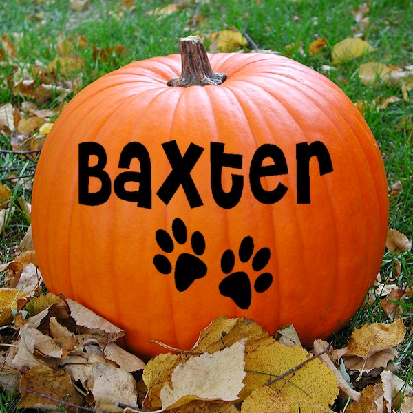 Pet name Vinyl Decal, Custom Name Decal, Pet Decal, personalized Pumpkin Decal, Halloween outdoor decorations, paw print decal, dog decal