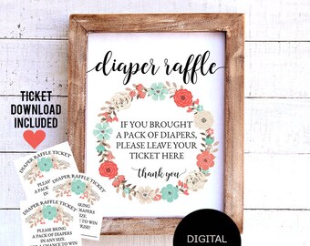 Puede incluir: Un cartel imprimible con un diseño de corona de flores y el texto "diaper raffle". El cartel dice "Si trajiste un paquete de pañales, por favor deja tu boleto aquí. Gracias".