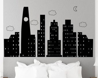 Kids Bedroom City Skyline Buildings, Playroom Wall Decals, Super Hero Vinyl Decal City, Night Time City Windows, Kids Boy Wall art Decor