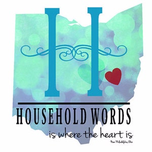 May include: A watercolor painting of the state of Ohio with the letters "OH" in blue and the words "HOUSEHOLD WORDS is where the heart is" in black. The painting has a blue and green watercolor background with a red heart in the center.