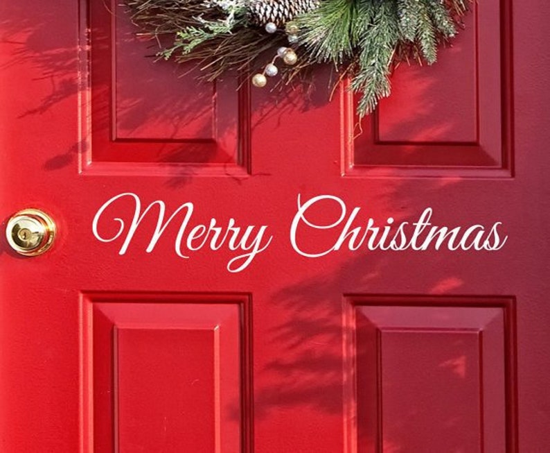 Merry Christmas Decal door Decor, Wall decal Word Merry Christmas, Holiday Vinyl Lettering, Entryway Door Decal, Christmas decal for glass image 1