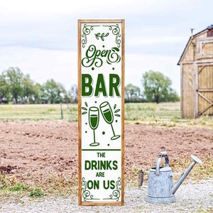 Wedding Decal for Signs, Vertical Vinyl Decal wedding venue Open Bar the Drinks are on Us, Rustic Barn Wedding Decor, Open bar wedding sign image 2