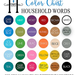 May include: Color chart with 20 different color swatches, each with a name. The colors include dark blue, mint, violet, red, brown, white, light blue, olive, lavender, nutmeg, light brown, metallic silver, ice blue, lime, lilac, orange, beige, grey, powder blue, green, pink, yellow, metallic gold, dark grey, teal, dark green, hot pink, bright yellow, metallic copper, and black. The text "Colors may vary on different monitors" and "www.householdwords.etsy.com" are at the bottom of the chart.