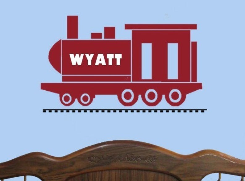 Train Vinyl Wall Decal Personalized name monogram Boys Bedroom Wall Decor Kids Playroom Toybox sticker decal Locomotive Engine and tracks image 1