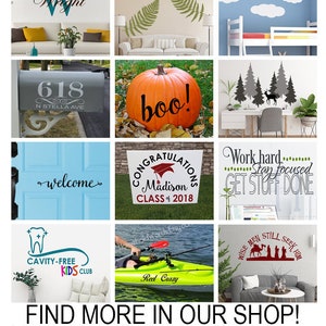 May include: A collection of 10 different vinyl decals for home decor. The decals feature various designs, including a welcome sign, a graduation sign, a pumpkin with the word "boo!" on it, a dental sign, a fishing sign, a Christmas sign, a forest scene, a cloud scene, a fern design, and a name sign.