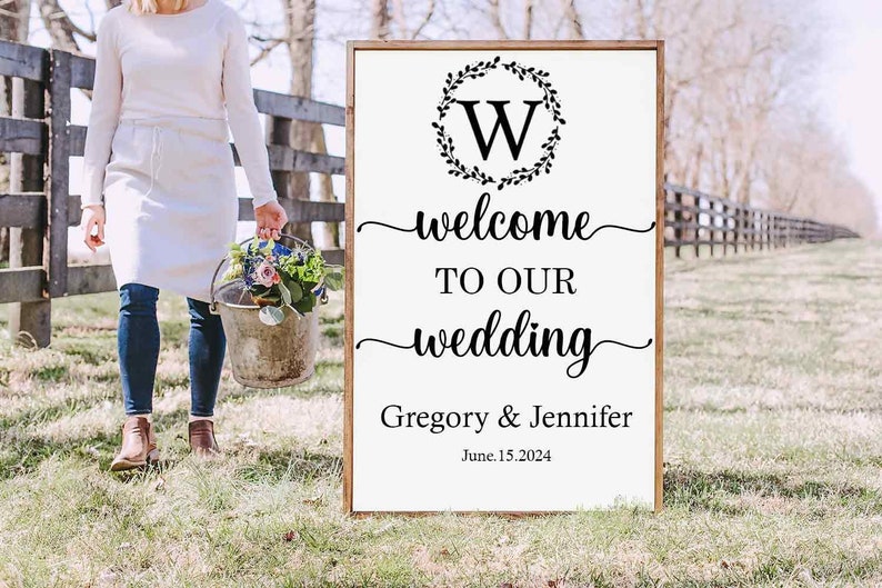 Welcome to our Wedding Sign Decal Custom Bride Groom Names Wedding Date Vinyl Decal Personalized Acrylic Sign Decal, Wedding Mirror Decal image 1