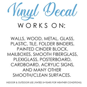 May include: Vinyl decal that says "Works on:" and lists surfaces it can be applied to, including walls, wood, metal, glass, plastic, tile, folder binders, painted cinder block, mailboxes, smooth fibreglass, plexiglass, posterboard, cardboard, acrylic signs, and many other smooth/clean surfaces.  Indoor and outdoor use (rated 3+ years for weather conditions).