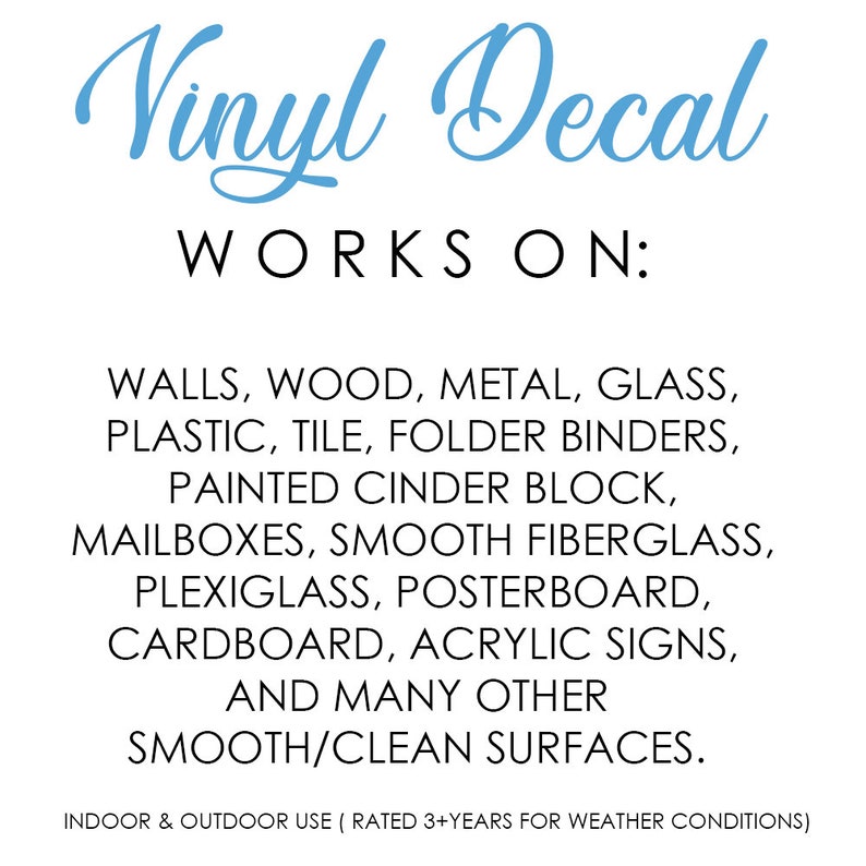 May include: Vinyl decal that says "Works on:" and lists surfaces it can be applied to, including walls, wood, metal, glass, plastic, tile, folder binders, painted cinder block, mailboxes, smooth fibreglass, plexiglass, posterboard, cardboard, acrylic signs, and many other smooth/clean surfaces.  Indoor and outdoor use (rated 3+ years for weather conditions).