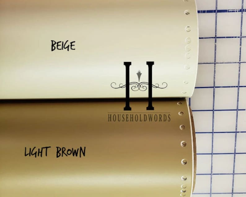 May include: Two rolls of material, one beige and one light brown, are displayed. The word "BEIGE" is written in black on the top roll, and "LIGHT BROWN" is written on the bottom roll. The rolls have a series of evenly spaced holes along the edges.