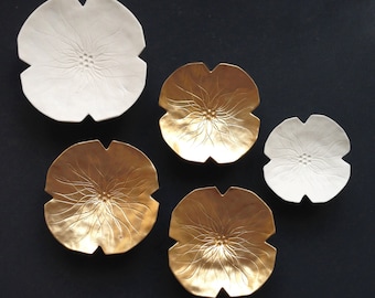 Golden Graces Wall art sculpture Gold and white porcelain 5 ceramic art wall decor flowers Bedroom Bathroom Living room art READY TO SHIP