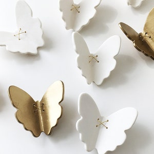 Extra large wall art 3D Butterfly Set of 55 Original white porcelain gold ceramic butterflies sculpture with metal wire 52 white 3 gold image 3