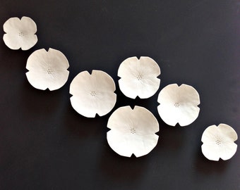Wall art set - Graces - Wall hanging ceramic sculpture art Seven white porcelain flowers Large wall art set U.K. seller READY TO SHIP