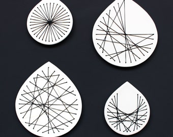 Black and white wall art Abstract ceramic Set of 4 Stitched porcelain sculpture gift ideas modern geometric artwork Gold details living room