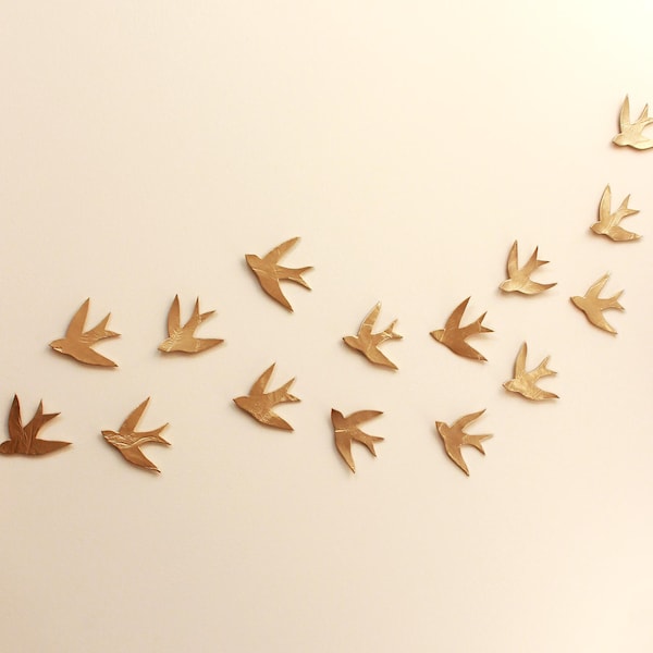 Gold Ceramic Swallow Wall Art, Set of 15, Handmade Pottery