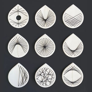 Original abstract wall art sculpture Unique set of 9 Hand stitched pierced porcelain ceramic, fibers, metal Modern geometric artwork image 1
