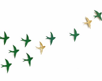 Original Artwork - Large wall art 10 ceramic birds Green and gold metallic sculpture decor Porcelain swallows Art gift