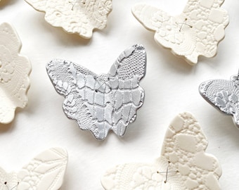 Ceramic wall art set 3D butterfly original artwork 15 handmade White porcelain & silver butterflies with lace texture steel wire home decor