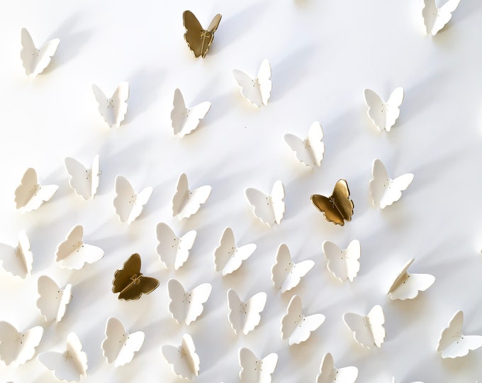 Extra large wall art 3D Butterfly Set of 55 Original white porcelain + gold ceramic butterflies sculpture with metal wire (52 white 3 gold)