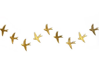 Extra large wall art set 9 gold finish handmade porcelain swallows 3D painting Metallic golden birds Ceramic wall sculpture Original decor