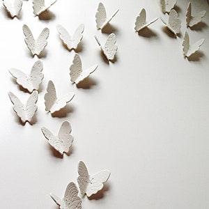 Ceramic wall art set 3D butterfly original artwork 15 handmade White porcelain & silver butterflies with lace texture steel wire home decor image 5